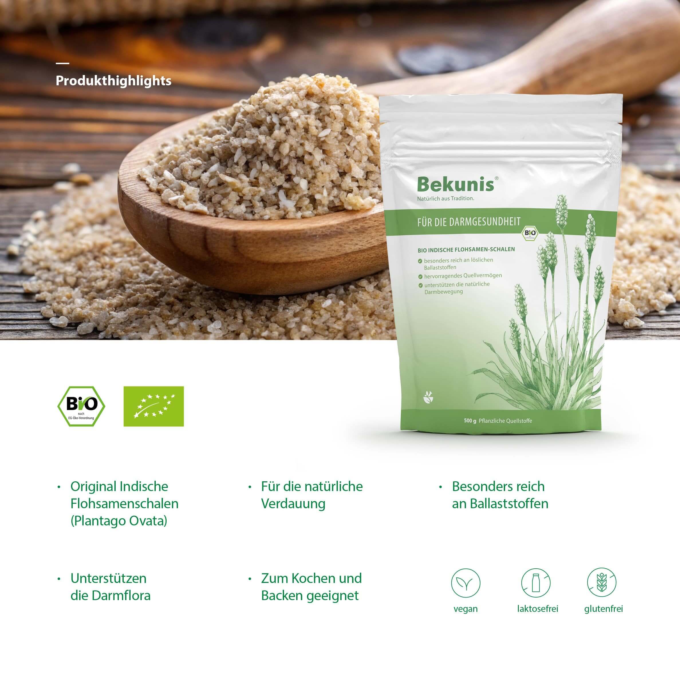 Bekunis Bio Indische Flohsamen-Schalen 500 g